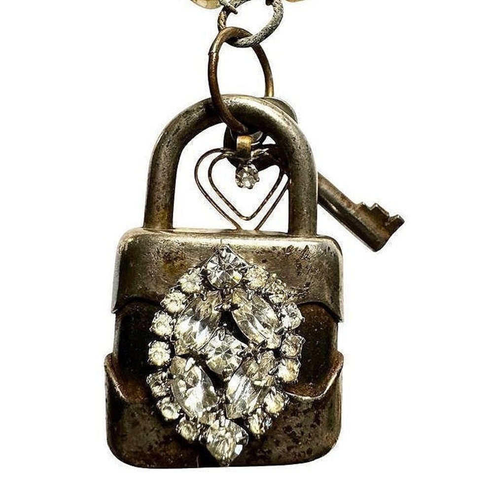 Vintage‎ Handmade Artisan Lock Necklace Rhinestone Key Charm Pendant